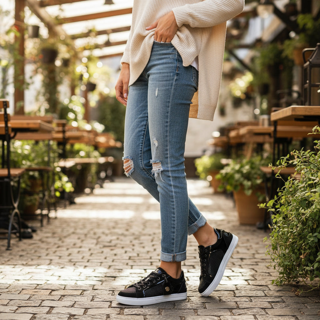 Tenis Casual Mujer 32200 Davina Negro con Cintas y Brillos