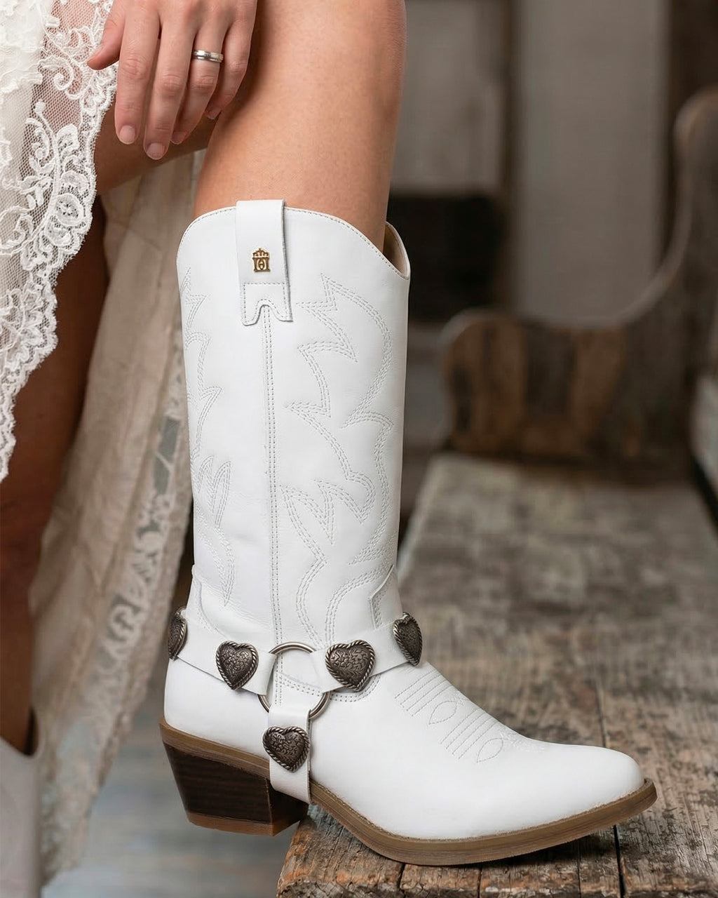 Bota Vaquera Mujer 96395 Piel Blanca Corazones