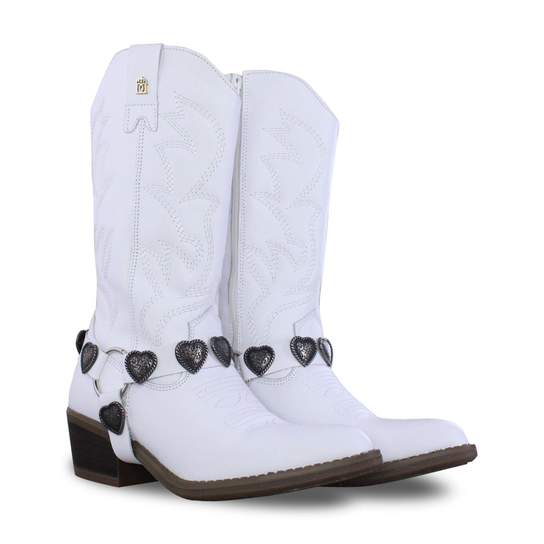 Bota Vaquera Mujer 96395 Piel Blanca Corazones