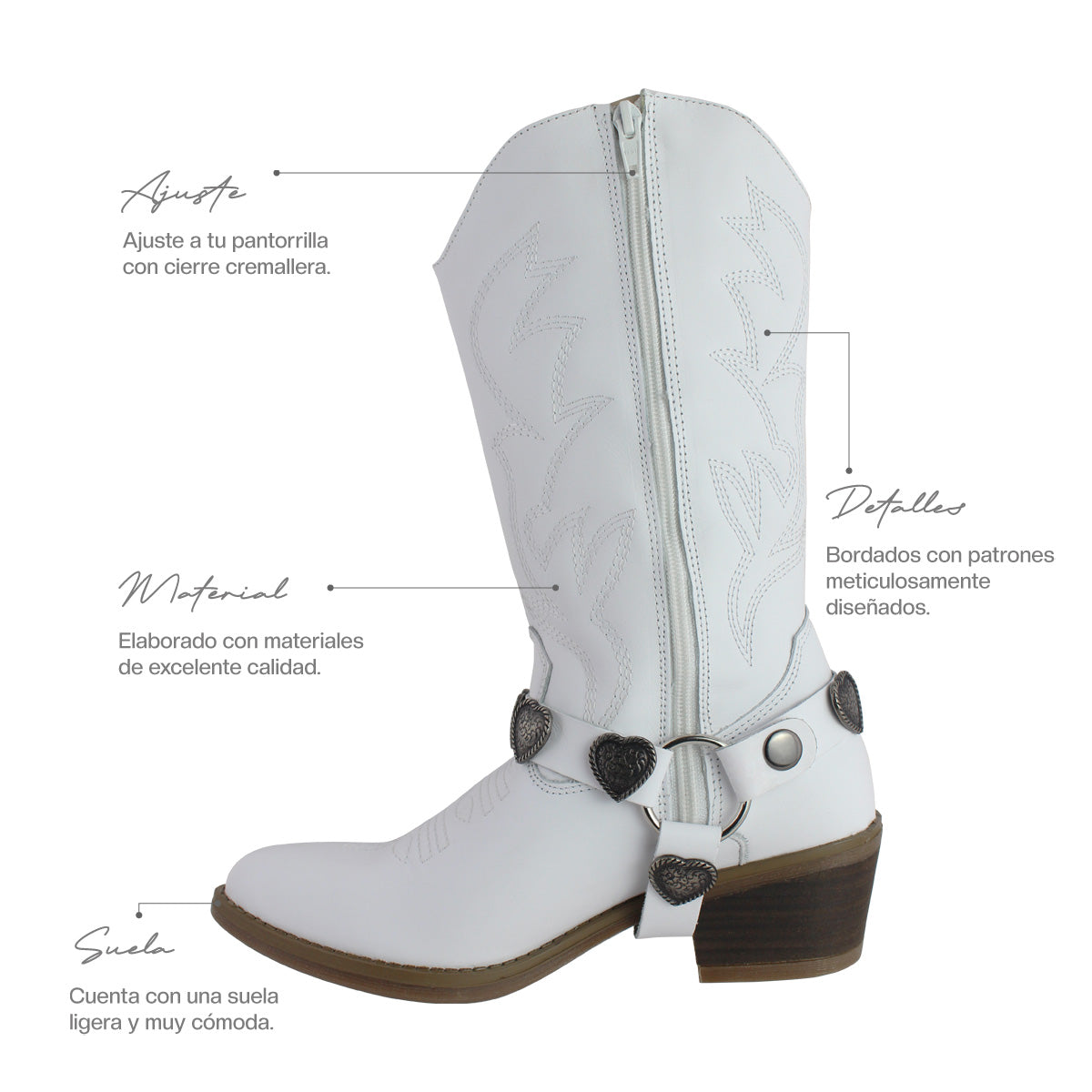 Bota Vaquera Mujer 96395 Piel Blanca Corazones