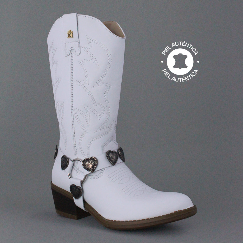 Bota Vaquera Mujer 96395 Piel Blanca Corazones