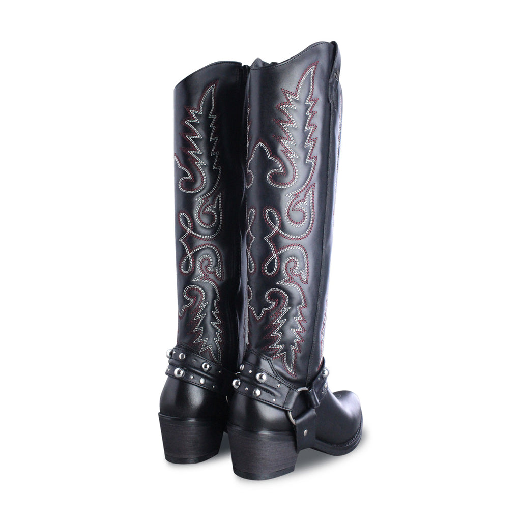 Adrienne 96532-RO bota vaquera alta piel negra bordado rojo y gris — vista 3