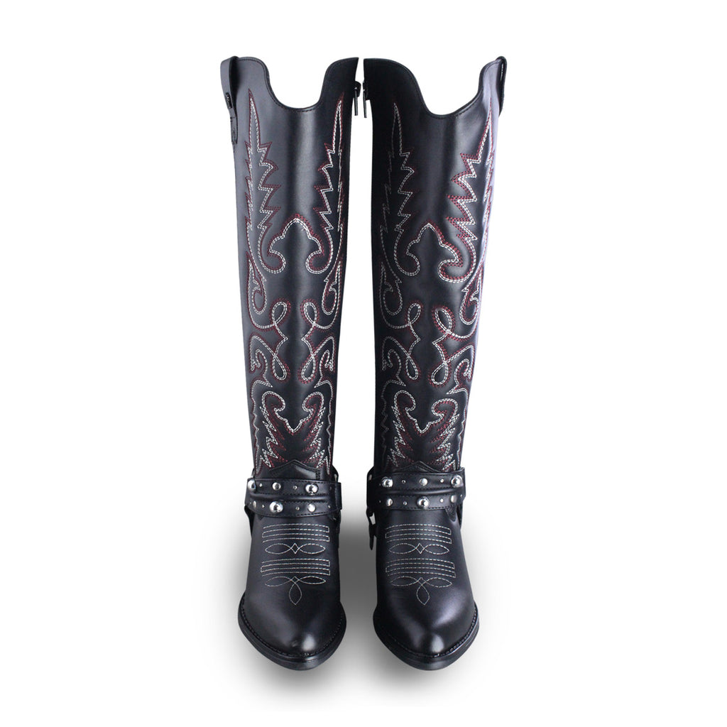 Adrienne 96532-RO bota vaquera alta piel negra bordado rojo y gris — vista 5