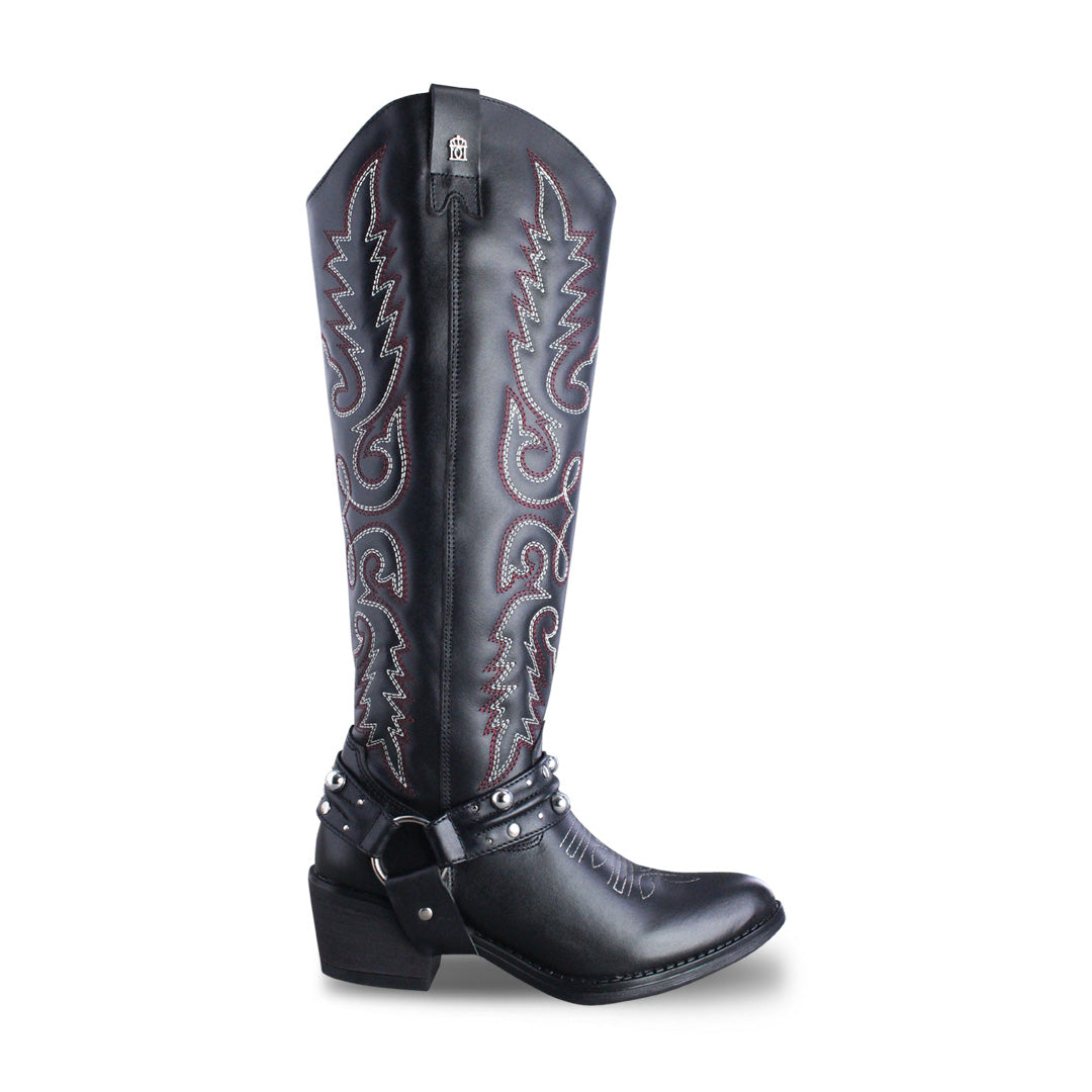 Adrienne 96532-RO bota vaquera alta piel negra bordado rojo y gris — vista 1