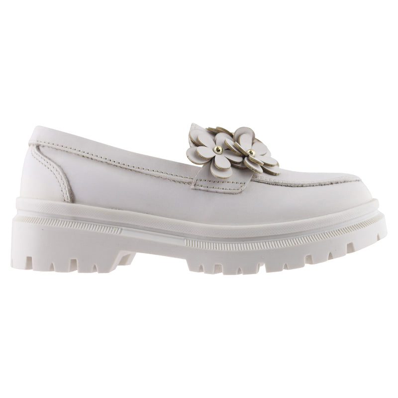 Mocasín de Mujer 9978 Piel Marfil con Flores