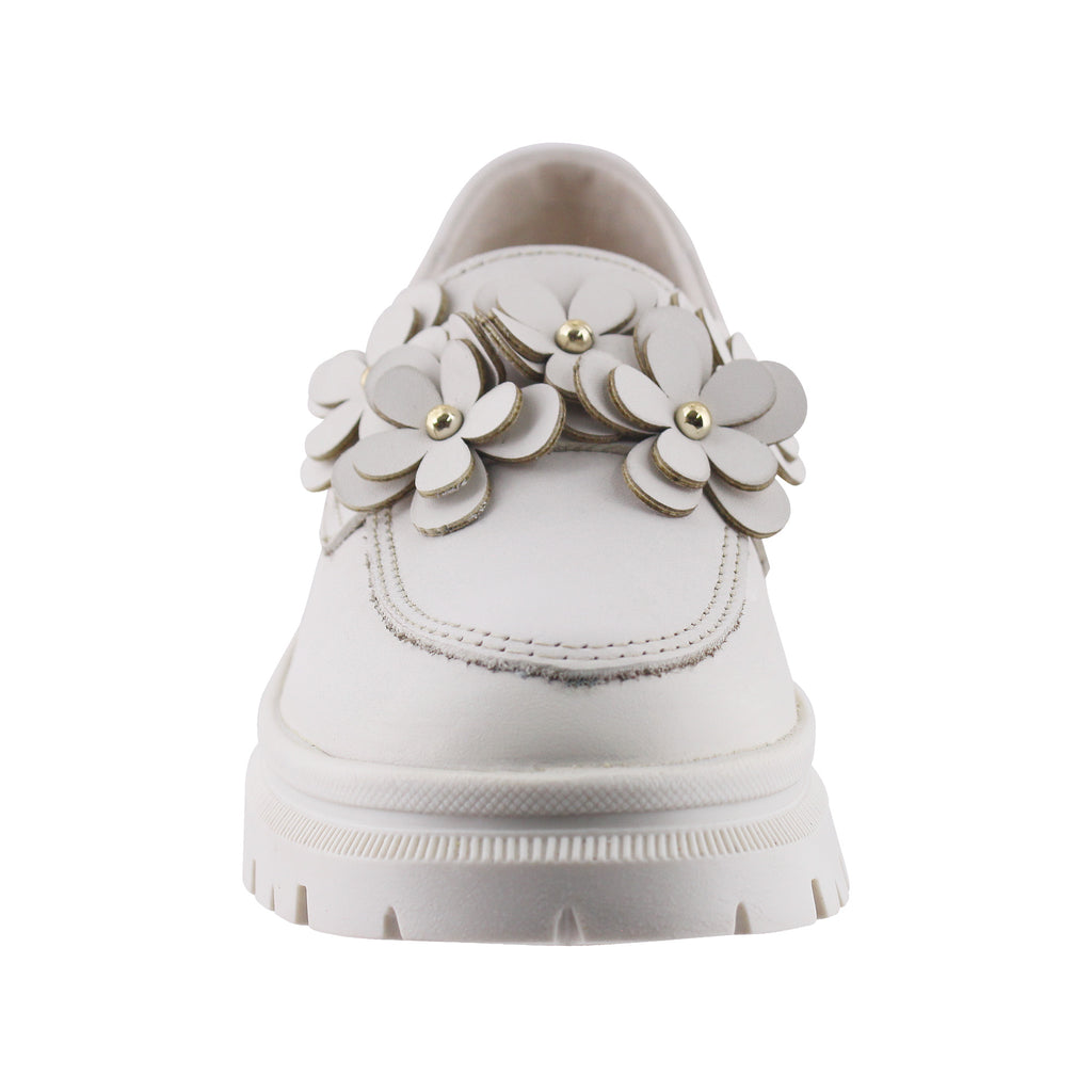 Mocasín de Mujer 9978 Piel Marfil con Flores