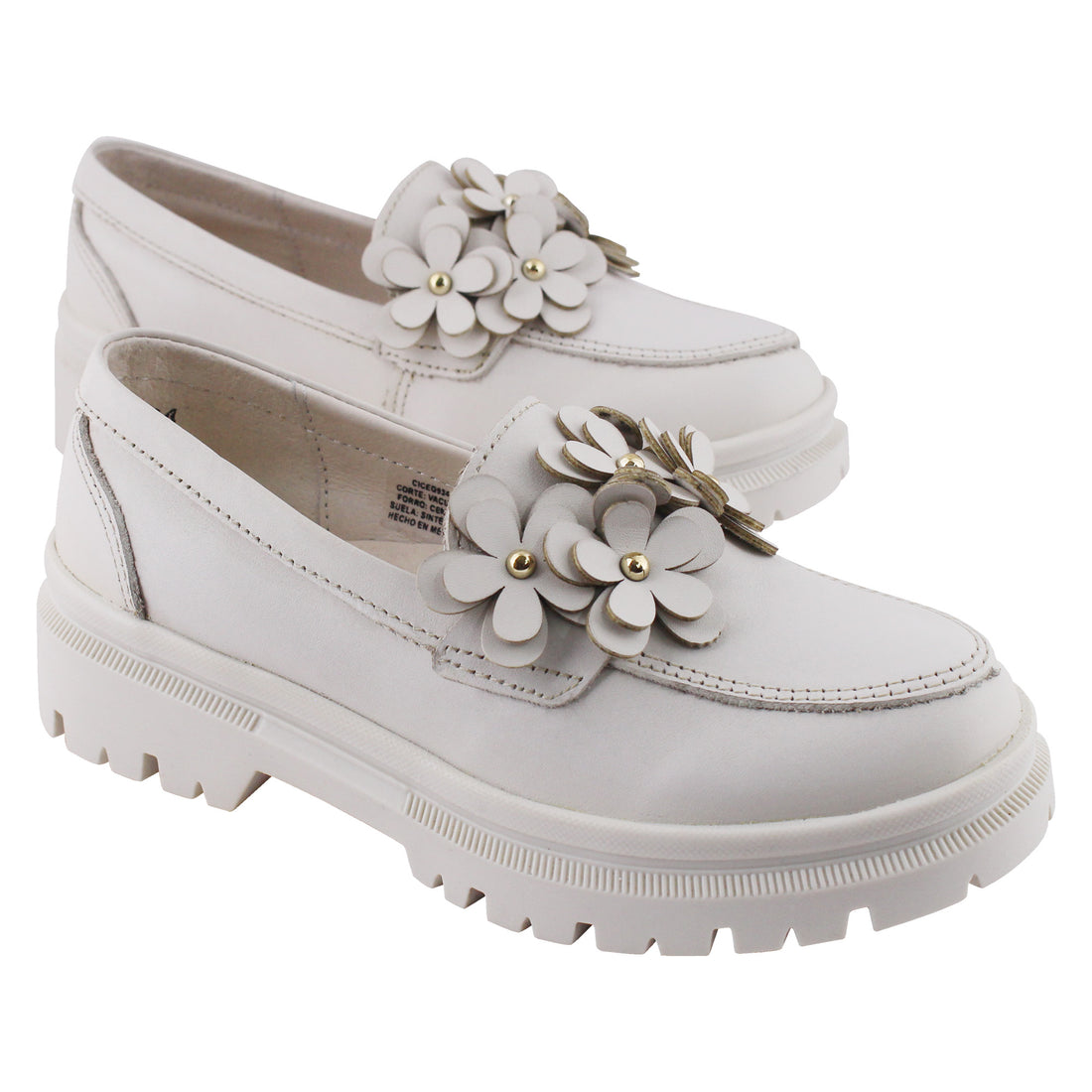 Mocasín de Mujer 9978 Piel Marfil con Flores