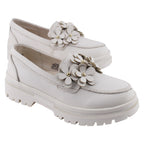 Mocasín de Mujer 9978 Piel Marfil con Flores
