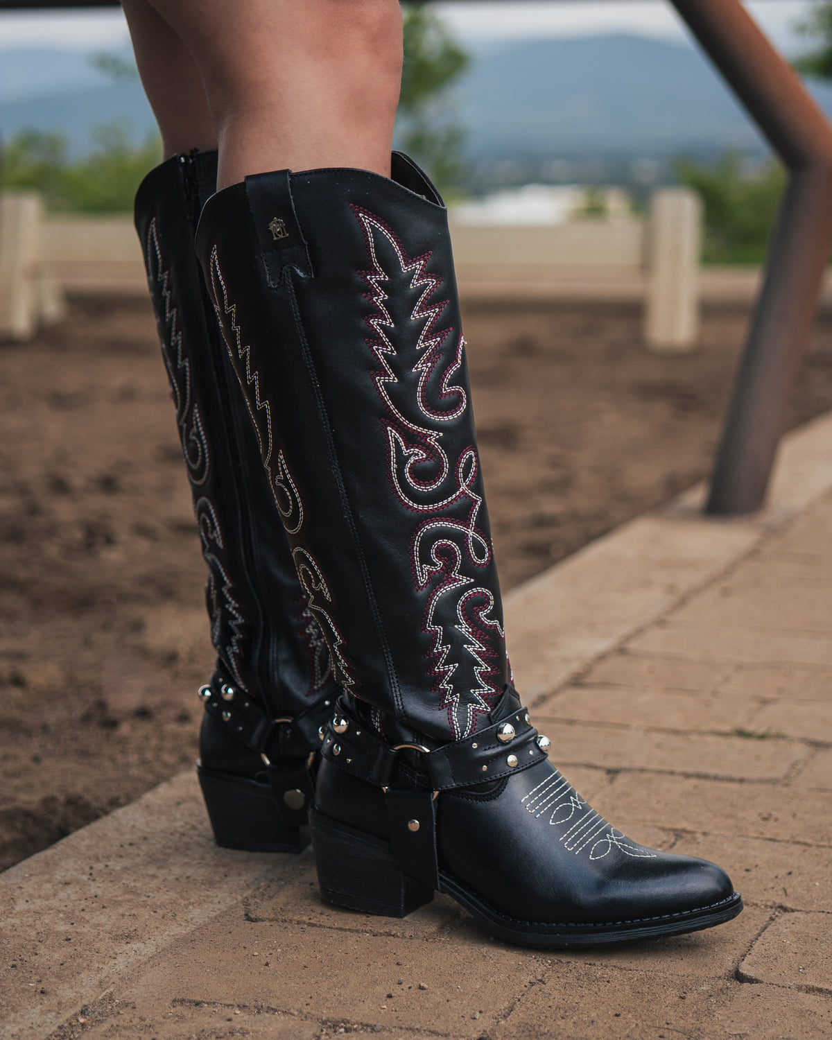 Bota Vaquera Alta Mujer 96532-RO Piel Negro con Bordado Rojo y Gris